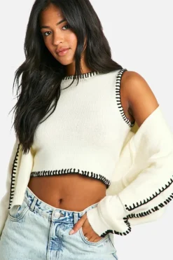 Cardigans|Knitwear*boohoo Tall Contrast Trim Knitted Crop Top And Cardigan Co-ord ecru