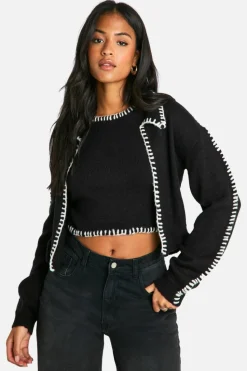 Cardigans|Knitwear*boohoo Tall Contrast Trim Knitted Crop Top And Cardigan Co-ord black
