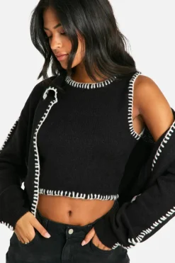 Cardigans|Knitwear*boohoo Tall Contrast Trim Knitted Crop Top And Cardigan Co-ord black
