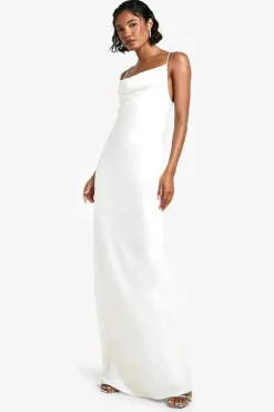 Maxi Dresses*boohoo Tall Cowl Diamante Detail Satin Slip Maxi ivory