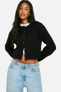 Cardigans*boohoo Tall Crew Neck Soft Knit Micro Cardigan black