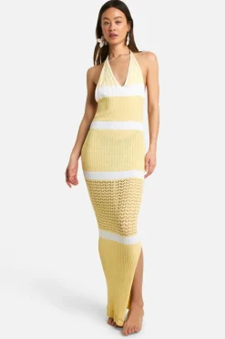 Jumper Dresses|Jumper Dresses*boohoo Tall Crochet Beach Halterneck Stripe Maxi Dress lemon