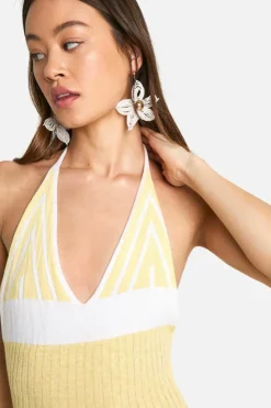 Jumper Dresses|Jumper Dresses*boohoo Tall Crochet Beach Halterneck Stripe Maxi Dress lemon