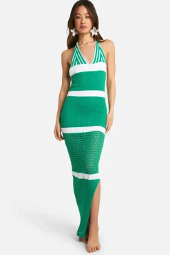 Jumper Dresses|Jumper Dresses*boohoo Tall Crochet Beach Halterneck Stripe Maxi Dress green
