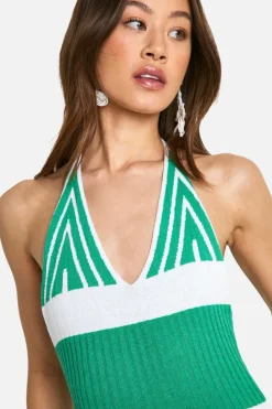 Jumper Dresses|Jumper Dresses*boohoo Tall Crochet Beach Halterneck Stripe Maxi Dress green