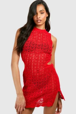 Jumper Dresses|Jumper Dresses*boohoo Tall Crochet Cut Out Detail Mini Dress red