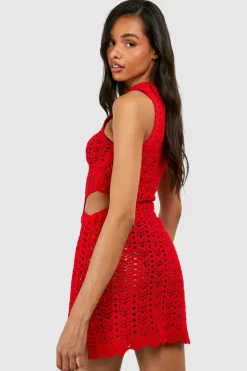 Jumper Dresses|Jumper Dresses*boohoo Tall Crochet Cut Out Detail Mini Dress red
