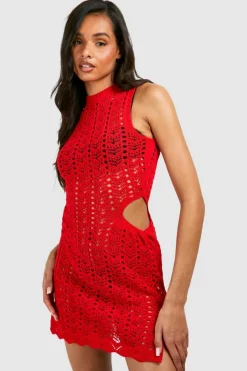 Jumper Dresses|Jumper Dresses*boohoo Tall Crochet Cut Out Detail Mini Dress red