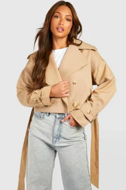 Up To 80% Off Winter Warmers|Trench Coats*boohoo Tall Crop Oversized Belted Trench Coat camel