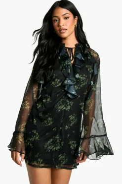 Mini Dresses|Long Sleeve Dresses*boohoo Tall Dark Flotal Ruffle Flare Sleeve Shift Dress black