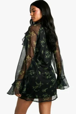 Mini Dresses|Long Sleeve Dresses*boohoo Tall Dark Flotal Ruffle Flare Sleeve Shift Dress black