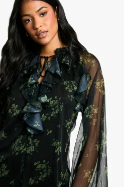 Mini Dresses|Long Sleeve Dresses*boohoo Tall Dark Flotal Ruffle Flare Sleeve Shift Dress black