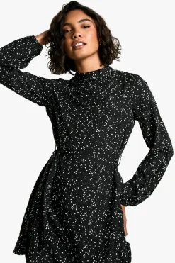 Skater Dresses*boohoo Tall Ditsy Spot Print Belted Skater Dress black