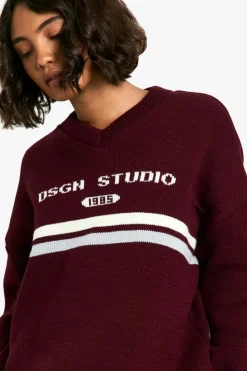 Jumpers|Dsgn Studio*boohoo Tall DSGN Studio V Neck Knitted Jumper burgundy