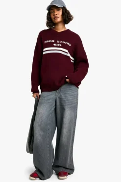 Jumpers|Dsgn Studio*boohoo Tall DSGN Studio V Neck Knitted Jumper burgundy