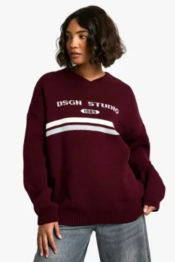 Jumpers|Dsgn Studio*boohoo Tall DSGN Studio V Neck Knitted Jumper burgundy