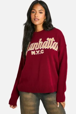 Oversized Jumpers*boohoo Tall Embroidered Manhattan Oversized Knitted Crew Neck Jumper burgundy