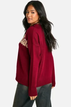 Oversized Jumpers*boohoo Tall Embroidered Manhattan Oversized Knitted Crew Neck Jumper burgundy