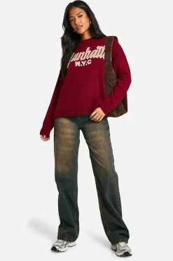 Oversized Jumpers*boohoo Tall Embroidered Manhattan Oversized Knitted Crew Neck Jumper burgundy