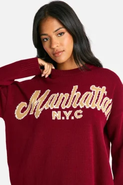 Oversized Jumpers*boohoo Tall Embroidered Manhattan Oversized Knitted Crew Neck Jumper burgundy