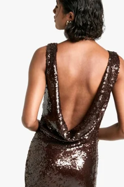 Maxi Dresses*boohoo Tall Extreme Cowl Back Sequin Maxi Dress chocolate