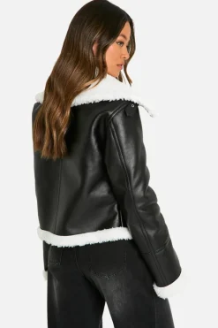 Up To 80% Off Winter Warmers|Aviator Jackets*boohoo Tall Faux Fur Lined Leather Jacket black