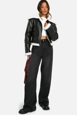 Up To 80% Off Winter Warmers|Aviator Jackets*boohoo Tall Faux Fur Lined Leather Jacket black