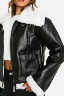 Up To 80% Off Winter Warmers|Aviator Jackets*boohoo Tall Faux Fur Lined Leather Jacket black