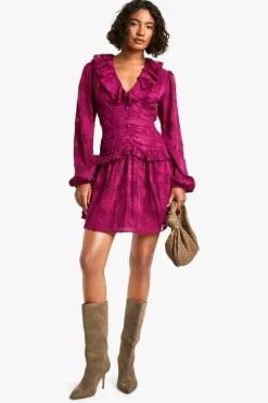 Skater Dresses|Mini Dresses*boohoo Tall Floral Burnout Ruffle Plunge Ruched Skater Dress plum
