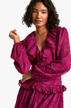 Skater Dresses|Mini Dresses*boohoo Tall Floral Burnout Ruffle Plunge Ruched Skater Dress plum