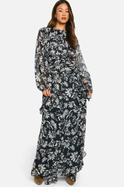 Maxi Dresses|Dresses*boohoo Tall Floral Crinkle Chiffon Ruffle Maxi Dress black