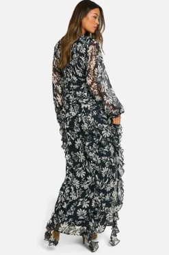 Maxi Dresses|Dresses*boohoo Tall Floral Crinkle Chiffon Ruffle Maxi Dress black