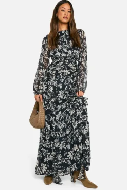 Maxi Dresses|Dresses*boohoo Tall Floral Crinkle Chiffon Ruffle Maxi Dress black