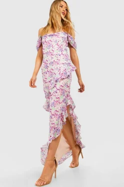 Bodycon Dresses|Maxi Dresses*boohoo Tall Floral Crochet Cold Shoulder Cowl Ruffle Maxi Dress orchid