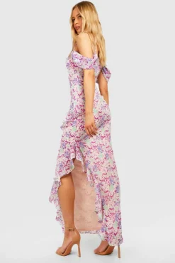 Bodycon Dresses|Maxi Dresses*boohoo Tall Floral Crochet Cold Shoulder Cowl Ruffle Maxi Dress orchid