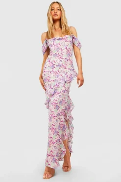 Bodycon Dresses|Maxi Dresses*boohoo Tall Floral Crochet Cold Shoulder Cowl Ruffle Maxi Dress orchid