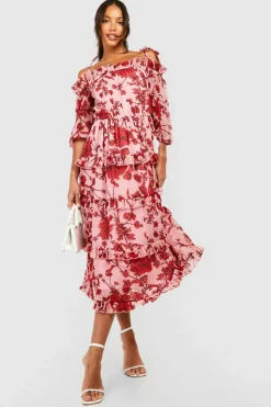 Midi Dresses*boohoo Tall Floral Dobby Cold Shoulder Tiered Midi Skater Dress pink