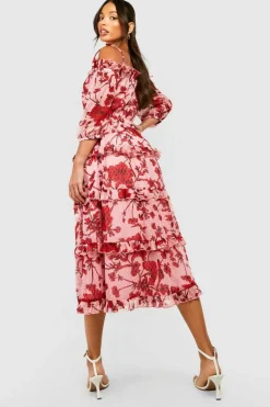 Midi Dresses*boohoo Tall Floral Dobby Cold Shoulder Tiered Midi Skater Dress pink