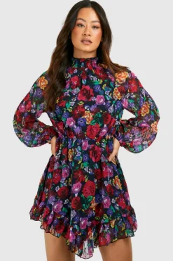 Smock Dresses*boohoo Tall Floral Print Chiffon High Neck Smock Dress black