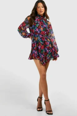 Smock Dresses*boohoo Tall Floral Print Chiffon High Neck Smock Dress black