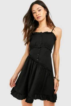 Smock Dresses*boohoo Tall Frill Detail Button Up Dress black