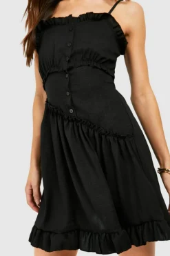 Smock Dresses*boohoo Tall Frill Detail Button Up Dress black