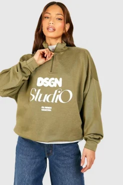 Sweatshirts|Hoodies & Sweatshirts*boohoo Tall Half Zip Dsgn Print Oversized Sweat khaki