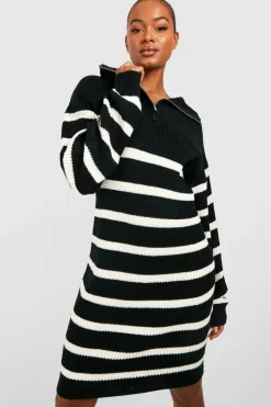 Jumper Dresses|Jumper Dresses*boohoo Tall Half Zip Striped Jumper Dress black