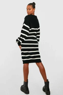 Jumper Dresses|Jumper Dresses*boohoo Tall Half Zip Striped Jumper Dress black