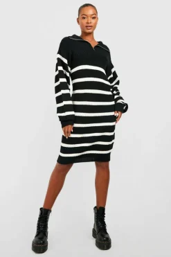 Jumper Dresses|Jumper Dresses*boohoo Tall Half Zip Striped Jumper Dress black