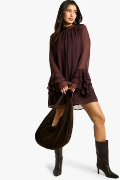 Smock Dresses|Mini Dresses*boohoo Tall High Neck Volume Sleeve Chiffon Smock Dress plum