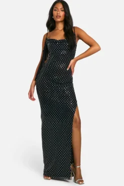 Maxi Dresses|Dresses*boohoo Tall Hotfix Diamante Cowl Neck Frill Maxi Dress black