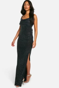 Maxi Dresses|Dresses*boohoo Tall Hotfix Diamante Cowl Neck Frill Maxi Dress black