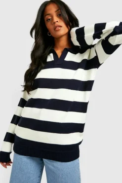 Oversized Jumpers*boohoo Tall Knitted Stripe Collard Oversized Jumper navy